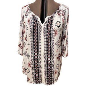 Signature. Sz 1X. BOHO Peasant Pullover Rayon Tunic Blouse. Border Print. B27